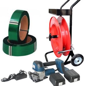 Battery strapping tool set with PET strap, dispenser trolley, battery and charger