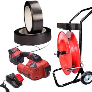 Polypropylene strapping kit ARGON 10-16mm PET/PP with battery, charger, 12mm PP strapping, and strapping trolley
