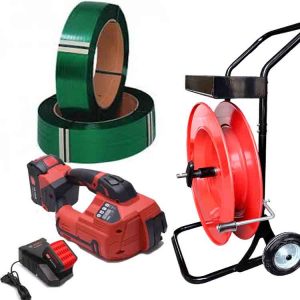 Plastic strapping kit ARGON 10-16mm PET/PP with battery, charger, 12mm PET strap, and strapping cart