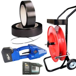 Polyester strapping set NEO2 9-16mm PET PP with battery charger and PP strap, kit overview